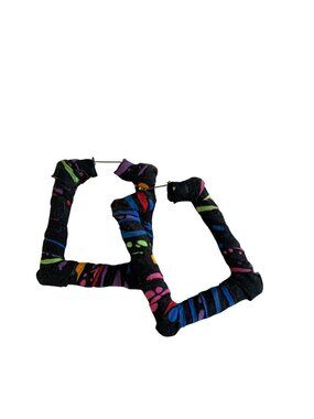 Square Fabric-Wrapped Earrings With Multicolor Abstract Print On Black Base u